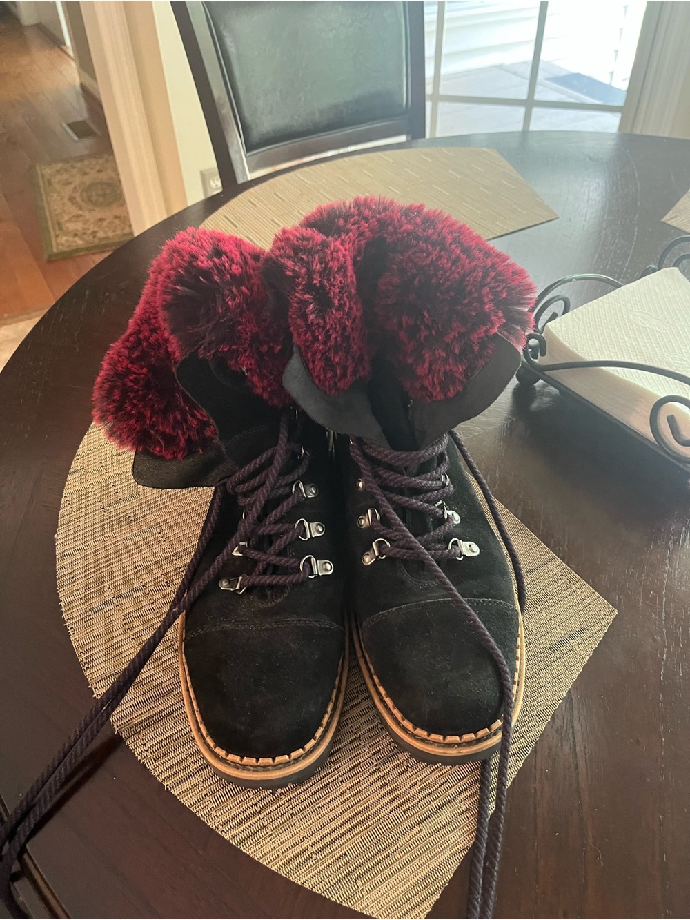 Sam Edelman Black Suede Winter Boots with Burgundy Faux Fur Trim 9.5